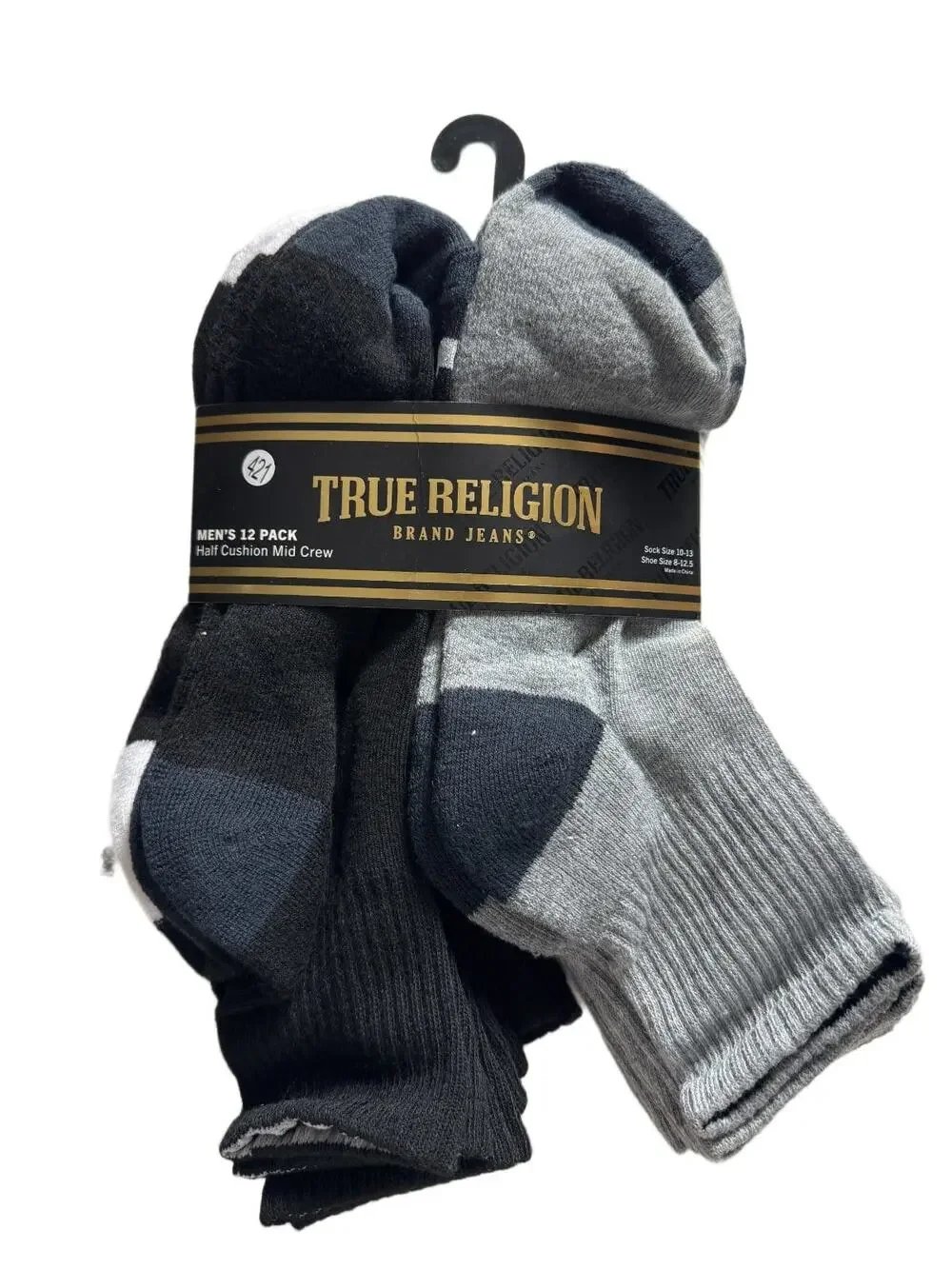 True Religion Men's 12 Pack Half Cushion Mid Crew Socks Black Gray Shoe 8-12.5 N